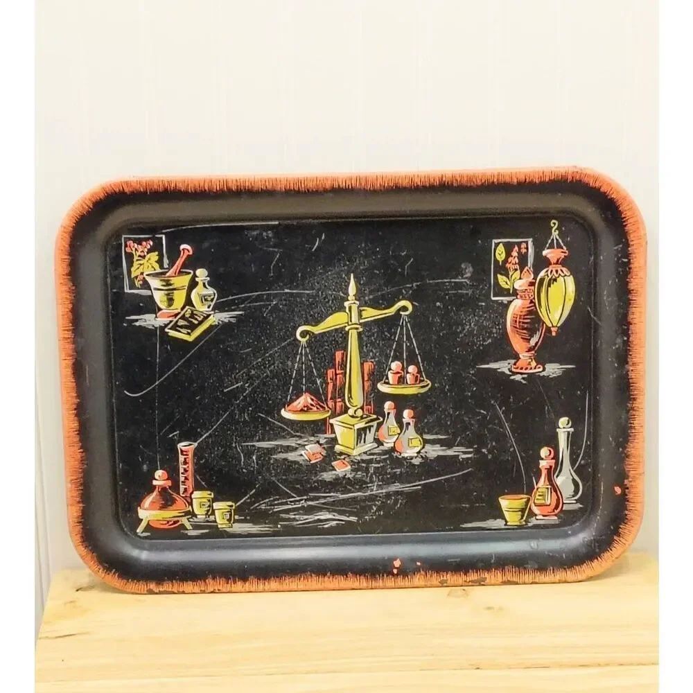 Vintage metal tray, apothecary, bright colors. Measurements in photos
